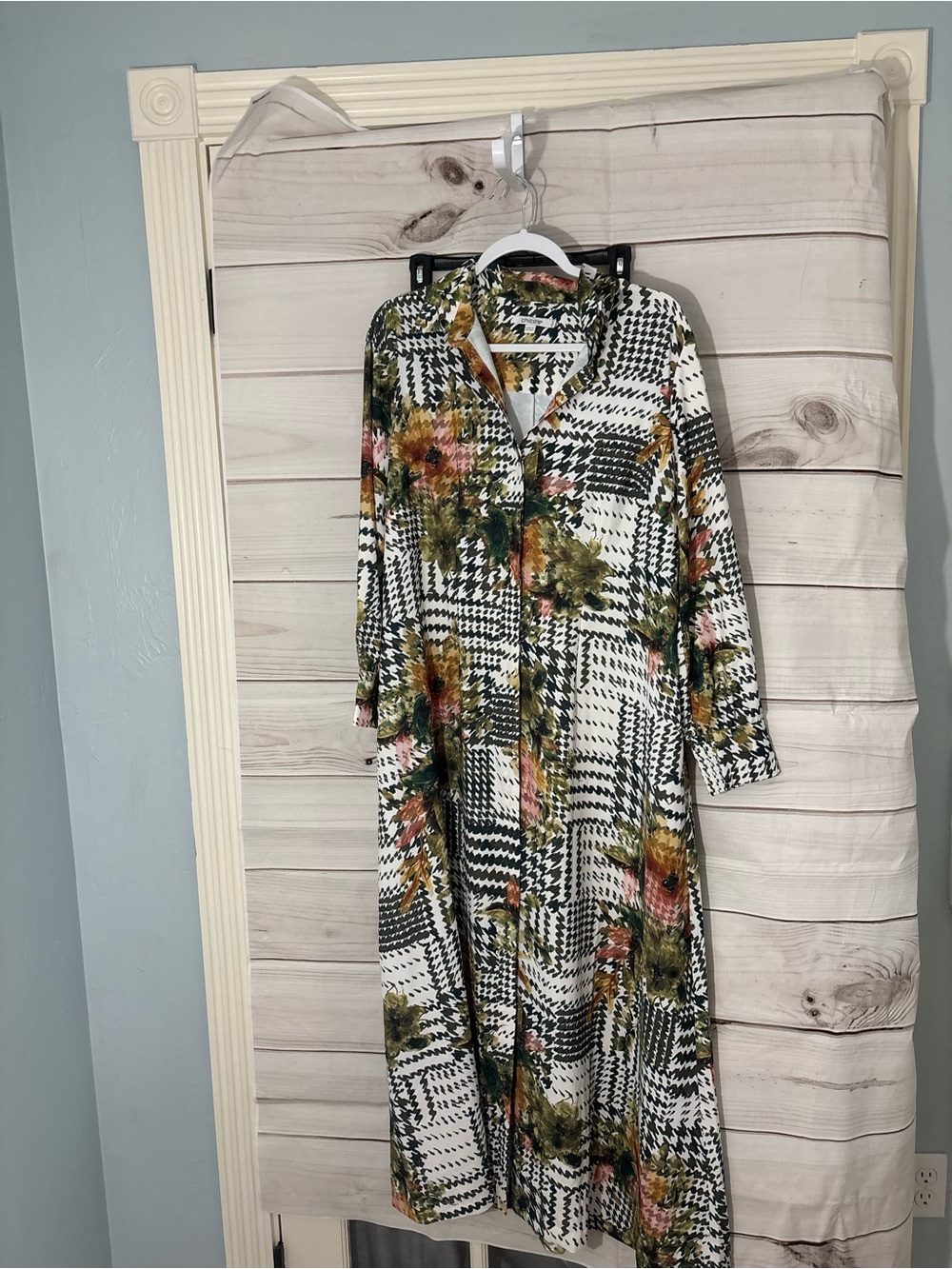 Chico's Houndstooth Maxi Dress with Green & Pink Floral Print